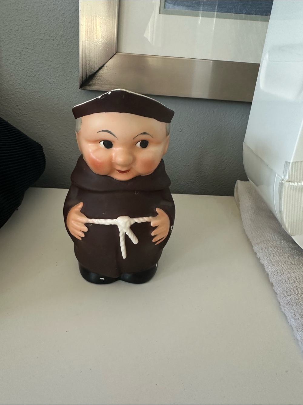 Brown Ceramic Monk Figurine Decorative Accent with Cream Rope 1950 vintage
